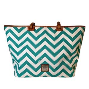 Dooney Bourke Chevron Tote Bag Teal White Leather Trim Large Shoulder Bag